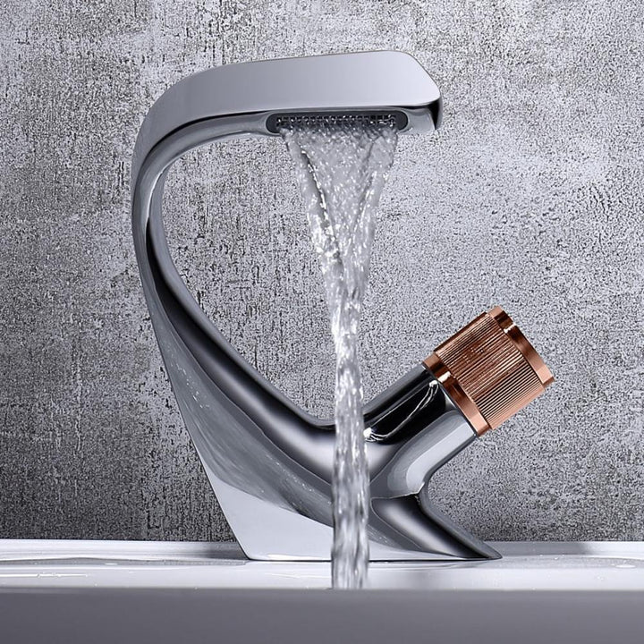 Lisslune | AQUACASCADE Basin Tap – Modern Waterfall Bathroom Mixer Tap in Solid Brass