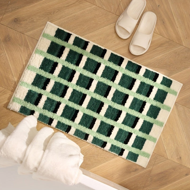 Lisslune | Moss Green Geometric Flock Bath Mat