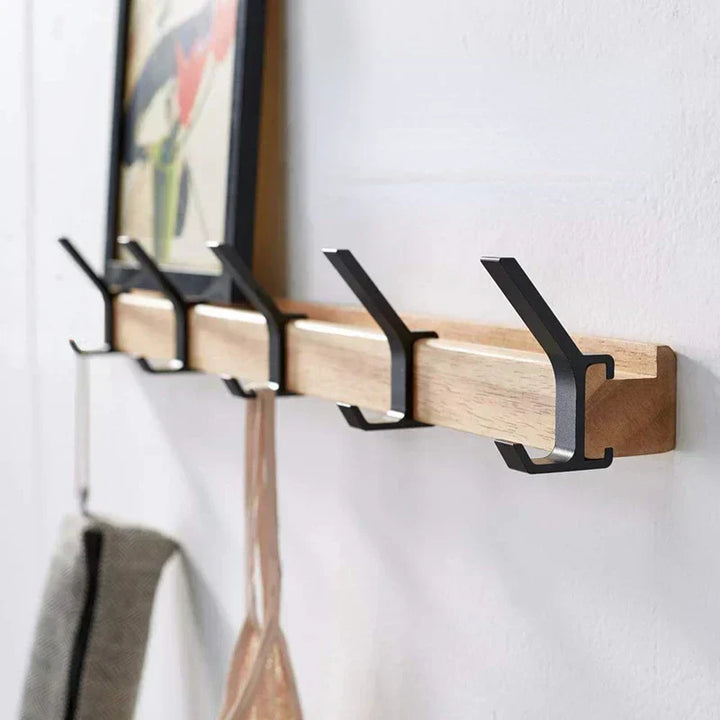 Lisslune | Wall-Mounted Coat Rack with Movable Double Hooks – Black Nordic Design – Wood & Aluminium – 40x7x7cm