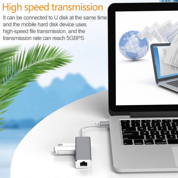 Lisslune | USB-C / Type-C to Gigabit Ethernet RJ45 & 3 x USB 3.0 Adapter Converter HUB, Computer External Tablet Phone Universal (Gray)