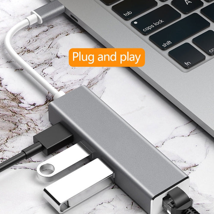 Lisslune | USB-C / Type-C to Gigabit Ethernet RJ45 & 3 x USB 3.0 Adapter Converter HUB, Computer External Tablet Phone Universal(Silver)