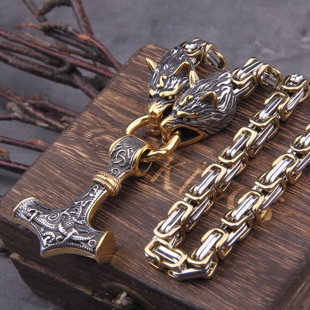 Lisslune | 60–90 cm Stainless Steel Double Wolf Head & Mjolnir Survival Spirit Necklace/Bracelet