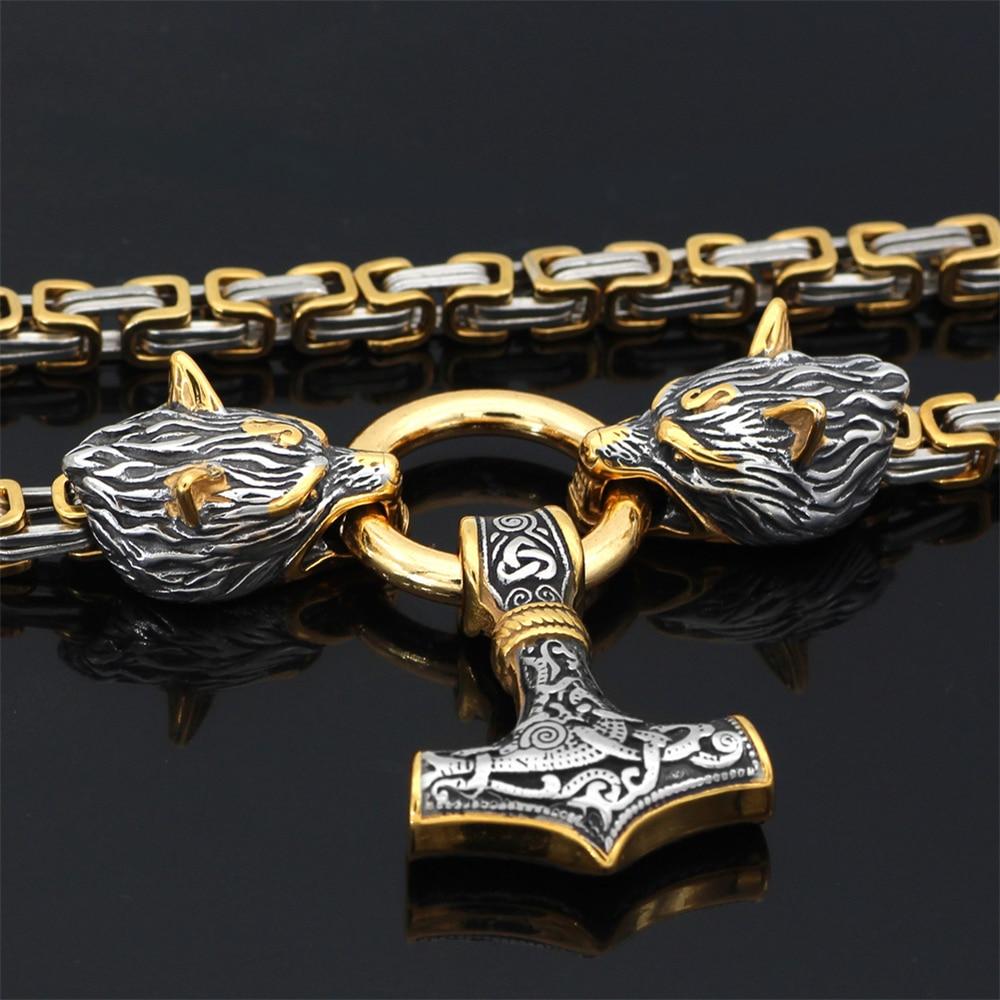 Lisslune | 60–90 cm Stainless Steel Double Wolf Head & Mjolnir Survival Spirit Necklace/Bracelet
