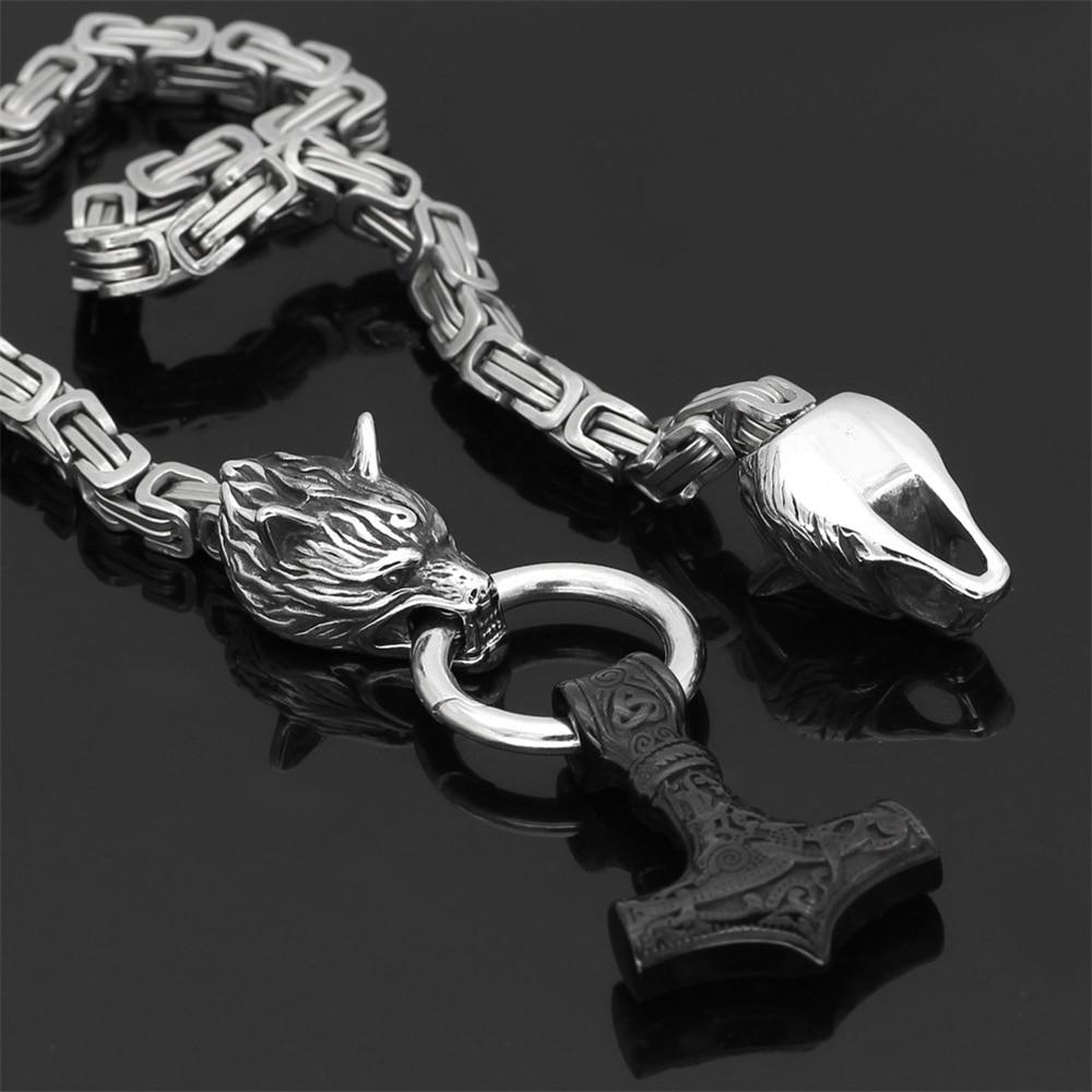 Lisslune | 60–90 cm Stainless Steel Double Wolf Head & Mjolnir Survival Spirit Necklace/Bracelet