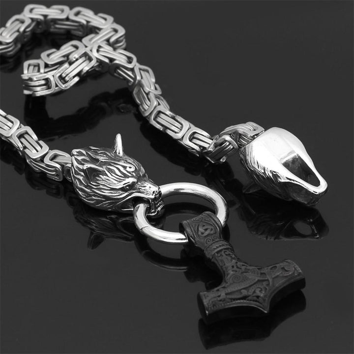 Lisslune | 60–90 cm Stainless Steel Double Wolf Head & Mjolnir Survival Spirit Necklace/Bracelet