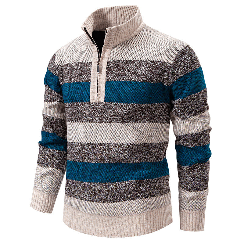 Men's stylish knit sweater with a half-high collar and contrasting stripes Lisslune
