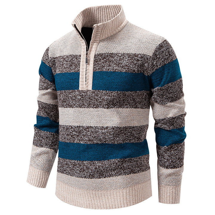 Men's stylish knit sweater with a half-high collar and contrasting stripes Lisslune