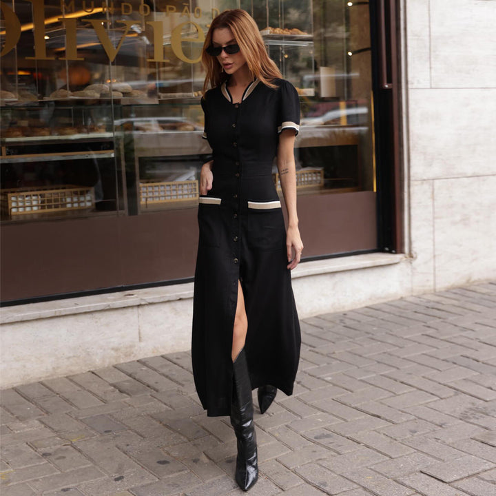 Women's maxi dress with elegant button placket and side slit