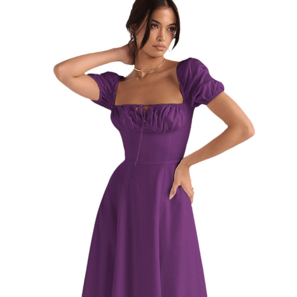 Women's midi dress with gathered bodice and flared skirt