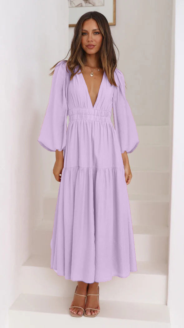 Women's long-sleeve maxi dress with deep V-neck and wide skirt Lune London