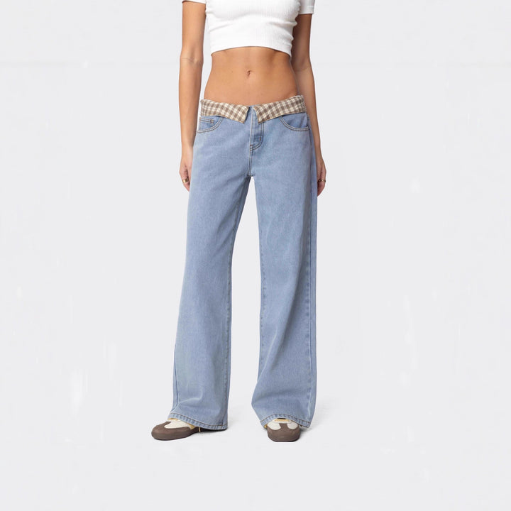 Damen Weite Jeans mit kariertem Bund Lisslune