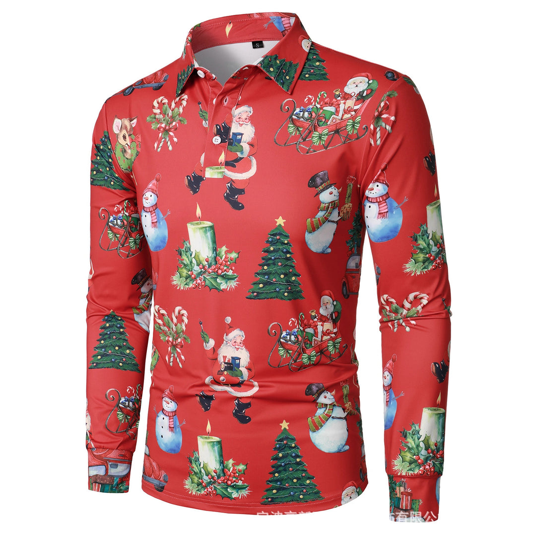 Men's Long Sleeve Polo Shirt with Festive Christmas Design Lisslune