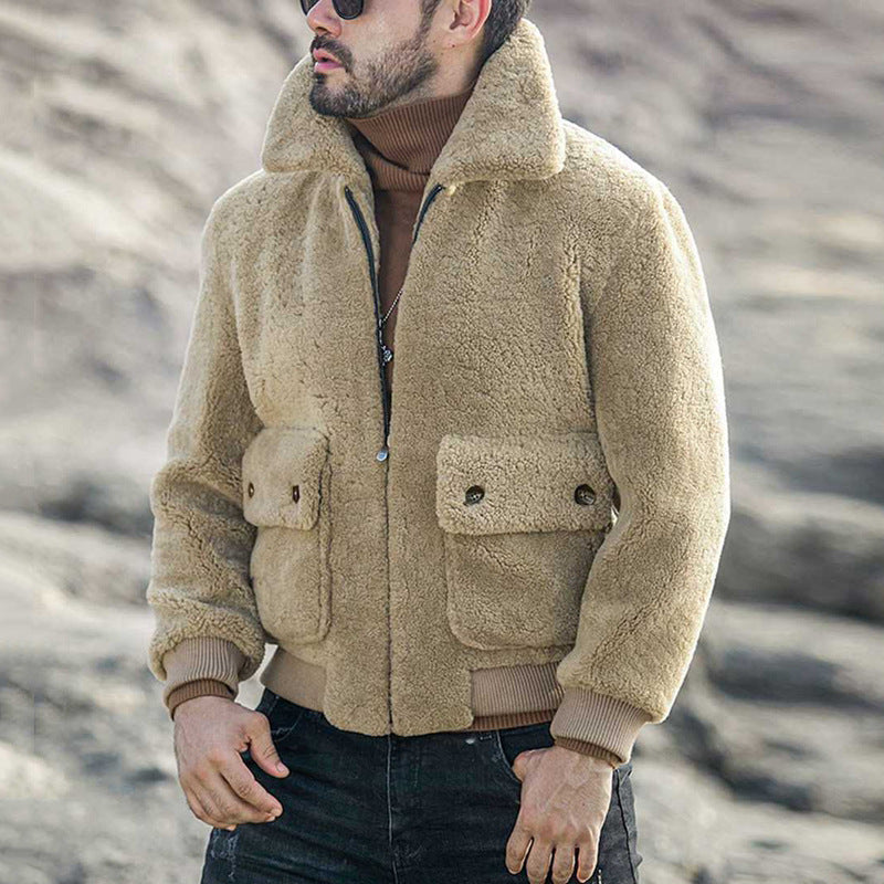 Men's sheepskin bomber jacket with large pockets and high collar Lisslune