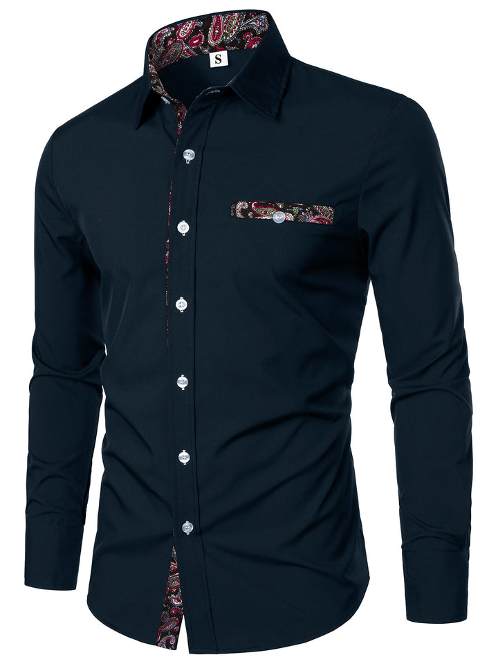 Men's long-sleeve shirt with paisley pattern on the collar's inner side Lisslune