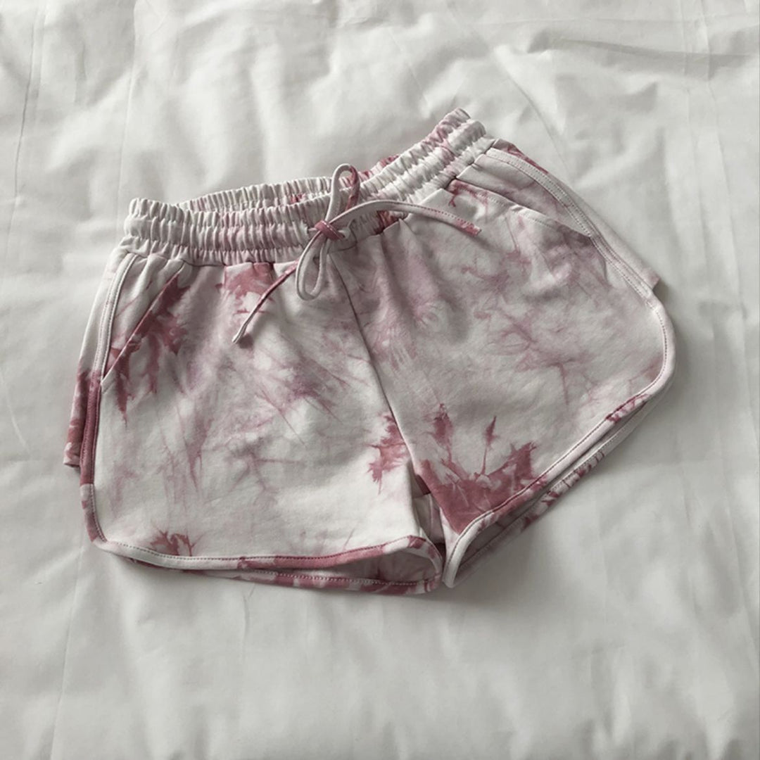 Women’s casual sweat shorts with trendy tie-dye design and practical side pockets