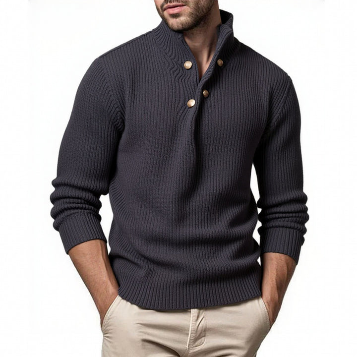 Men's fashionable knit sweater with stand-up collar and asymmetrical button placket Lisslune