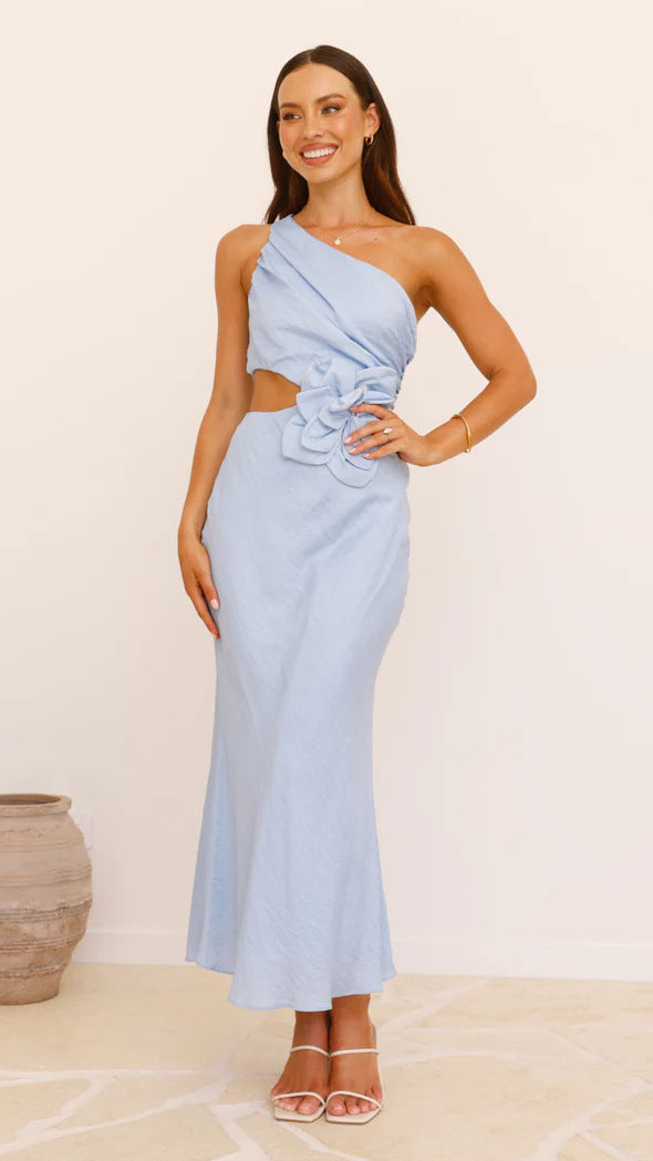 Women's Elegant Maxi Dress with Asymmetric Cut and Floral Detail
