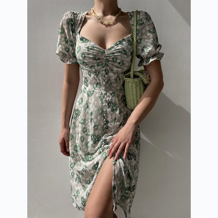 Women’s floral dress with gathered sleeves and side slit Lune London