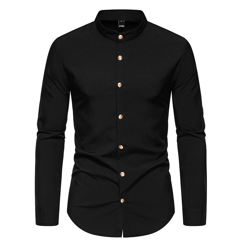 Men's long-sleeved shirt with modern standing collar and elegant button details Lisslune