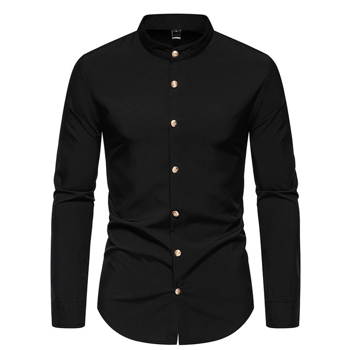 Men's long-sleeved shirt with modern standing collar and elegant button details Lisslune