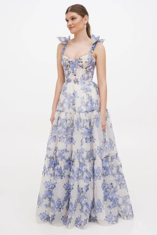 Women Elegant Maxi Dress with Floral Details and Ruffled Straps Lisslune