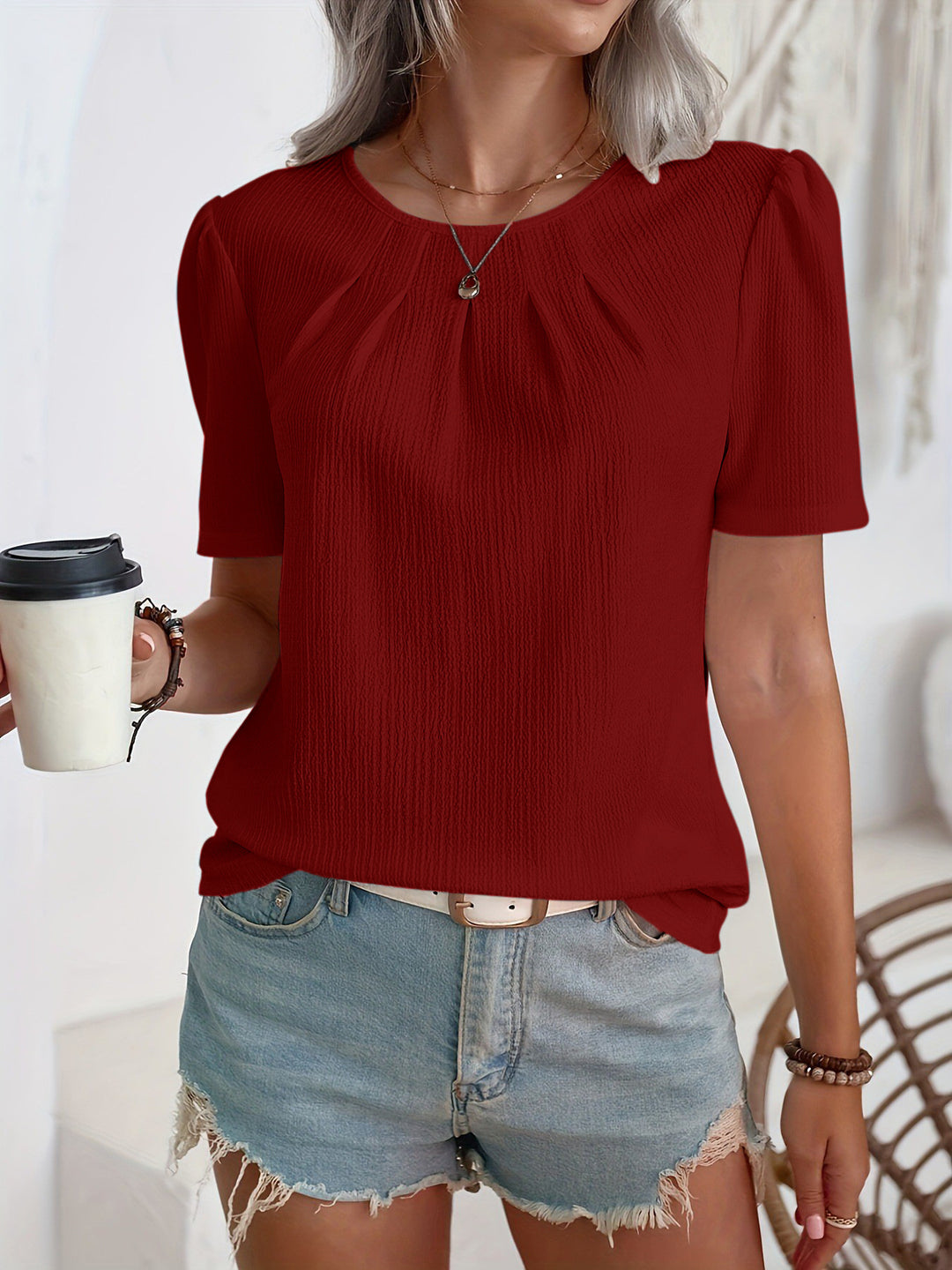 Women's Fashion Top with Textured Design and Puff Sleeves Lisslune