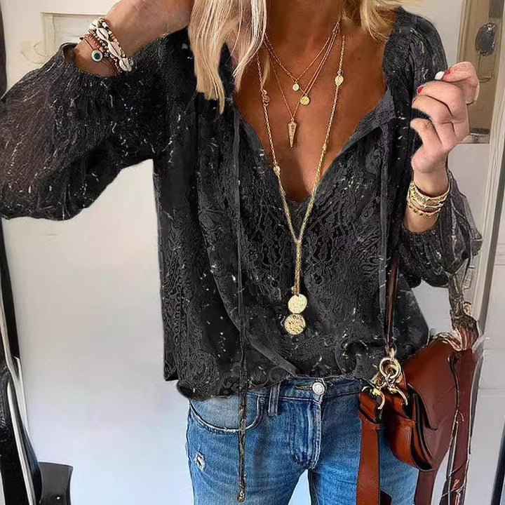 Women's elegant blouse with fine lace and deep V-neck Lisslune
