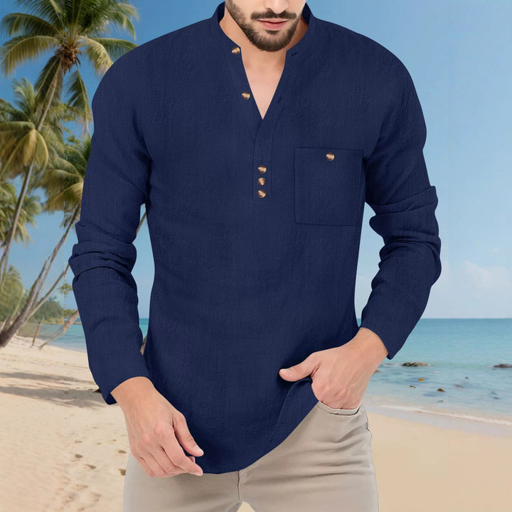 Men's Casual Long Sleeve Shirt with Button Placket and Chest Pocket Lisslune