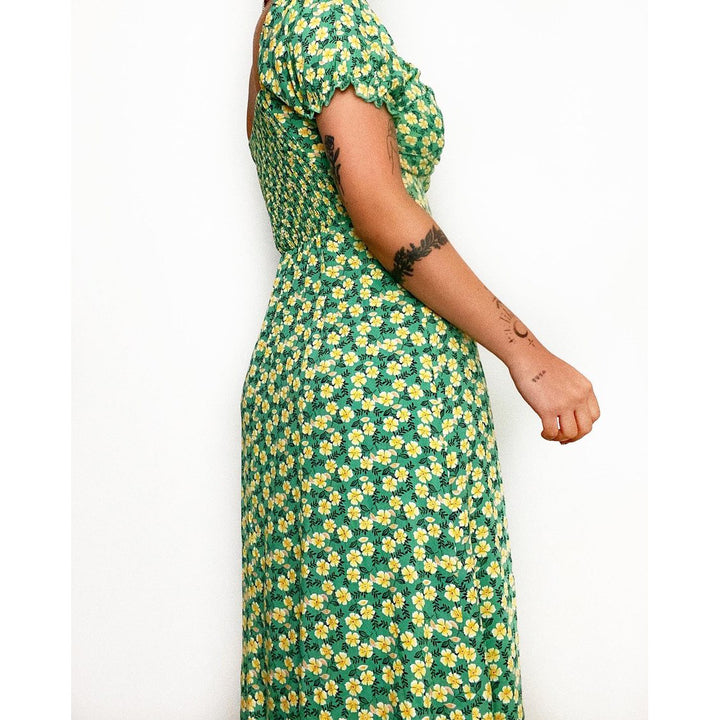 Ladies Elegant Maxi Dress with Heart-Shaped Neckline and Floral Details