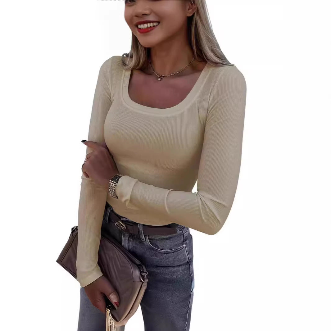 Women’s Long Sleeve Ribbed T-Shirt with Elegant Boat Neck Lisslune