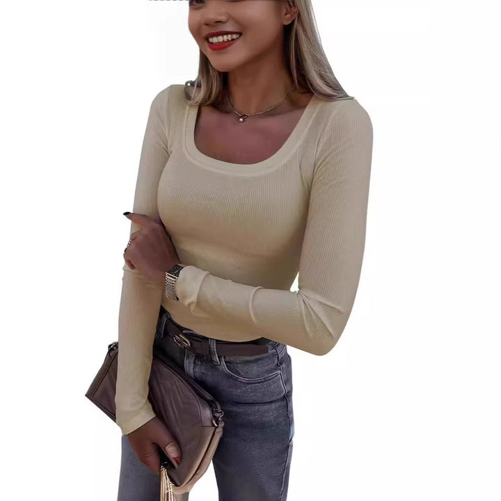 Women’s Long Sleeve Ribbed T-Shirt with Elegant Boat Neck Lisslune