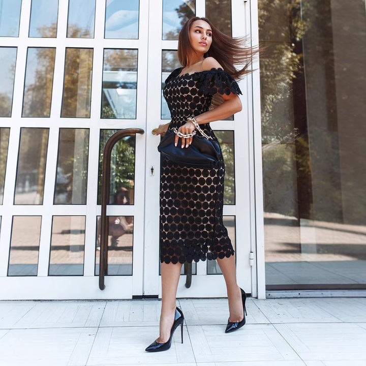 Women’s figure-hugging lace dress with off-shoulder design and voluminous puff sleeves Lisslune