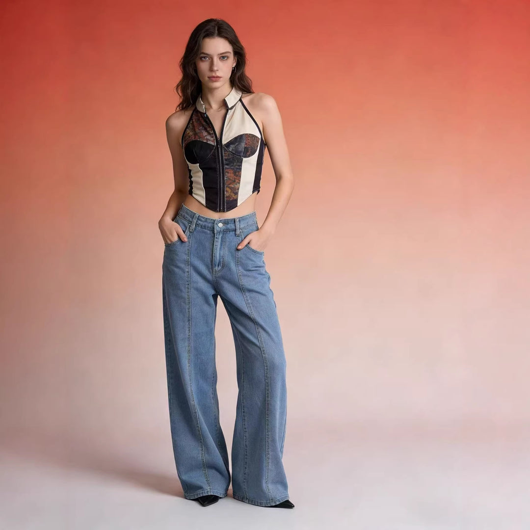 Women's high-waisted wide jeans with refined seam details Lisslune