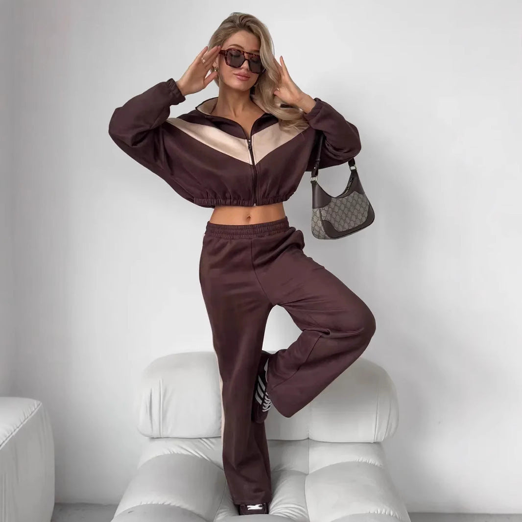 Women's sporty fleece set with high collar zipper and loose fit Lisslune