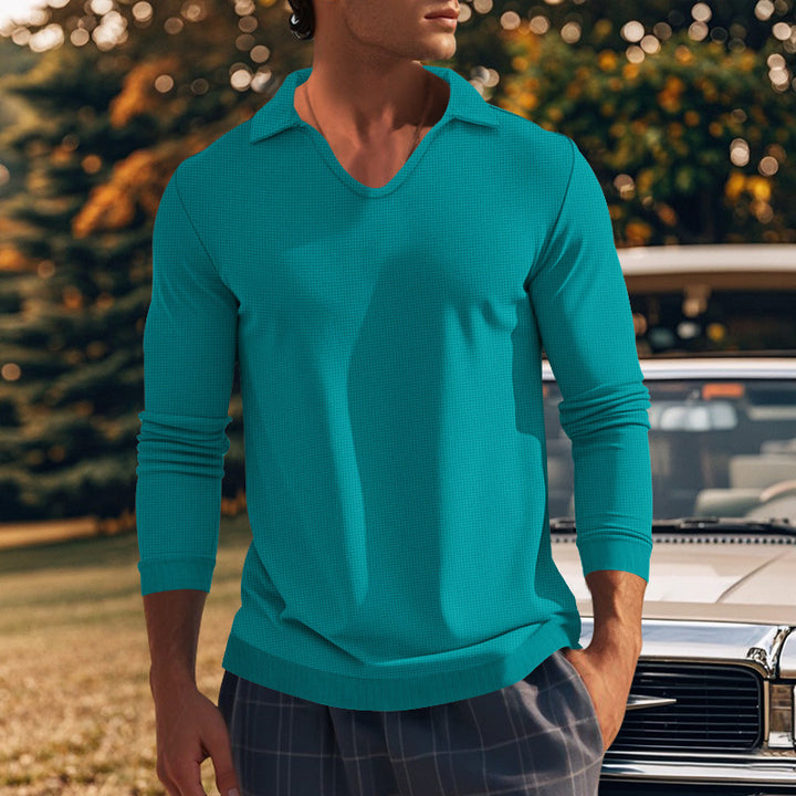 Men's Long Sleeve Shirt with Modern V-Neck and Textured Design Lisslune