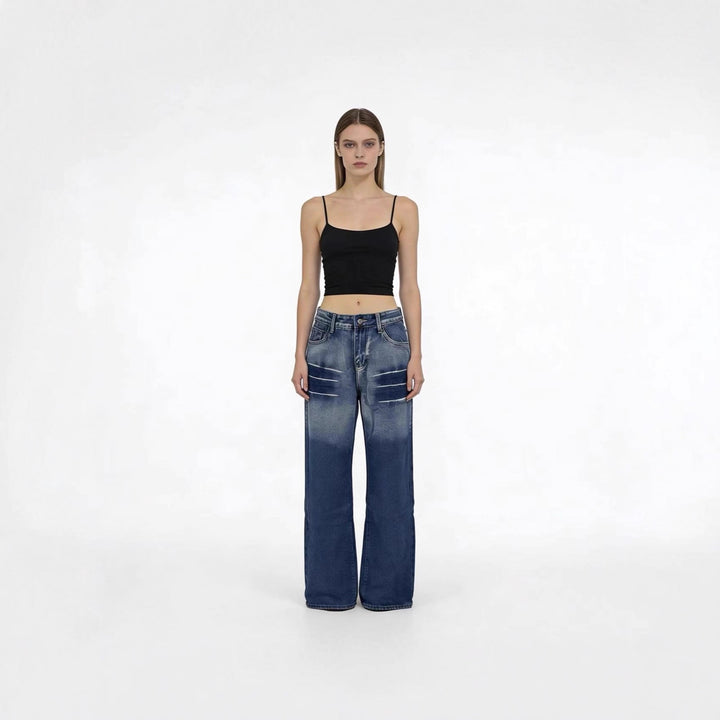 Damen weite hochgeschnittene Jeans mit besonderem Waschungseffekt Lisslune