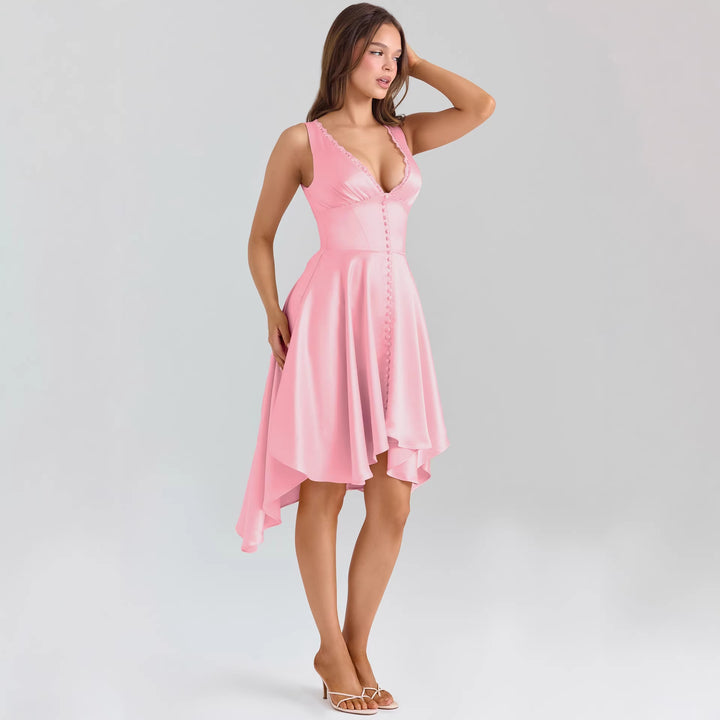 Women Playful Evening Dress with Asymmetrical Hem and Delicate Button Details Lisslune