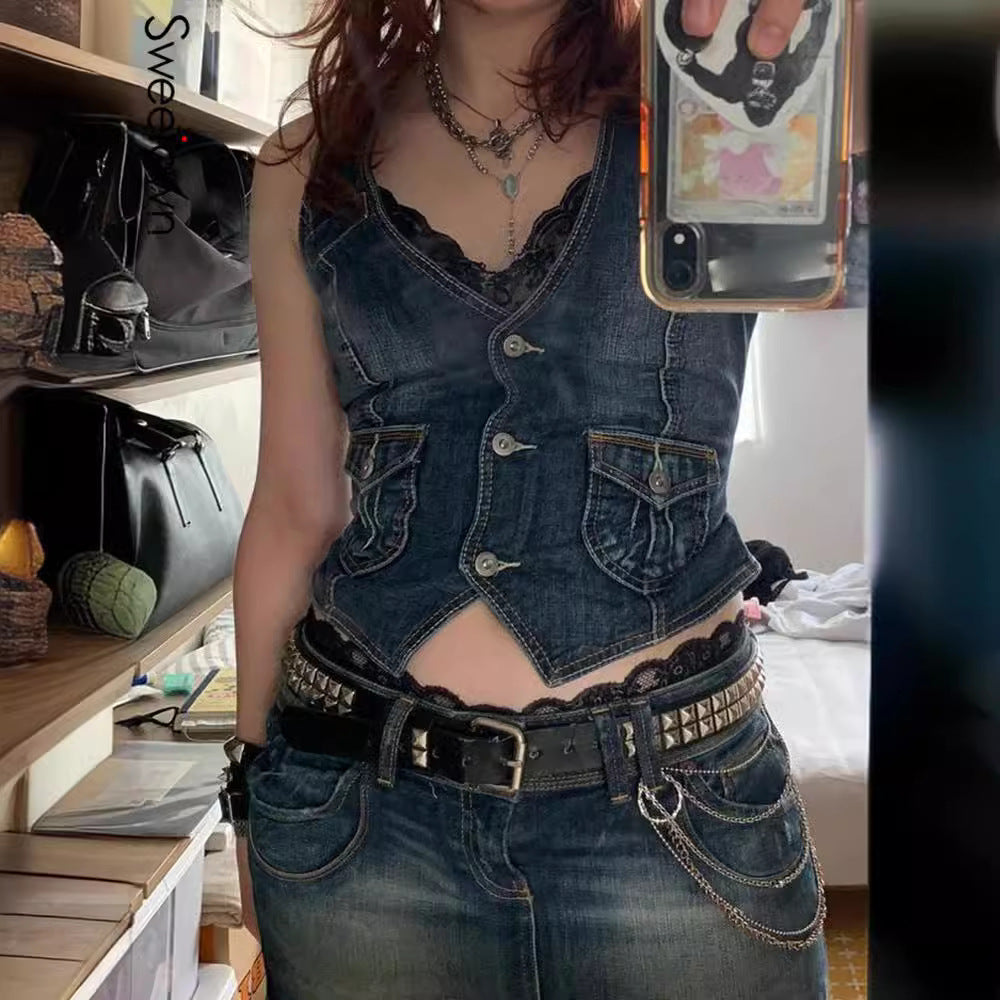 Women's denim bustier jacket with nostalgic lace inserts and decorative button details Lisslune