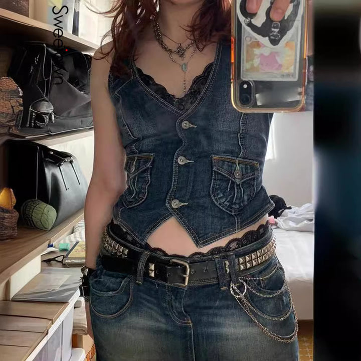 Women's denim bustier jacket with nostalgic lace inserts and decorative button details Lisslune