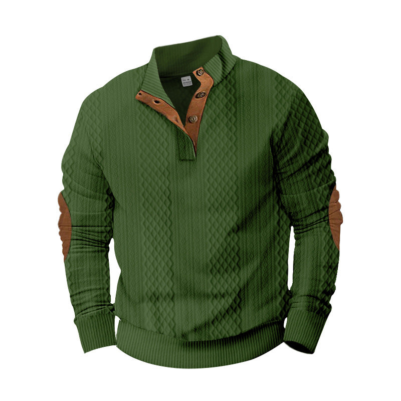 Men's knit sweater with innovative stand-up collar and modern leather appliqués Lisslune