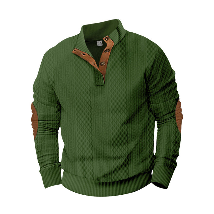 Men's knit sweater with innovative stand-up collar and modern leather appliqués Lisslune