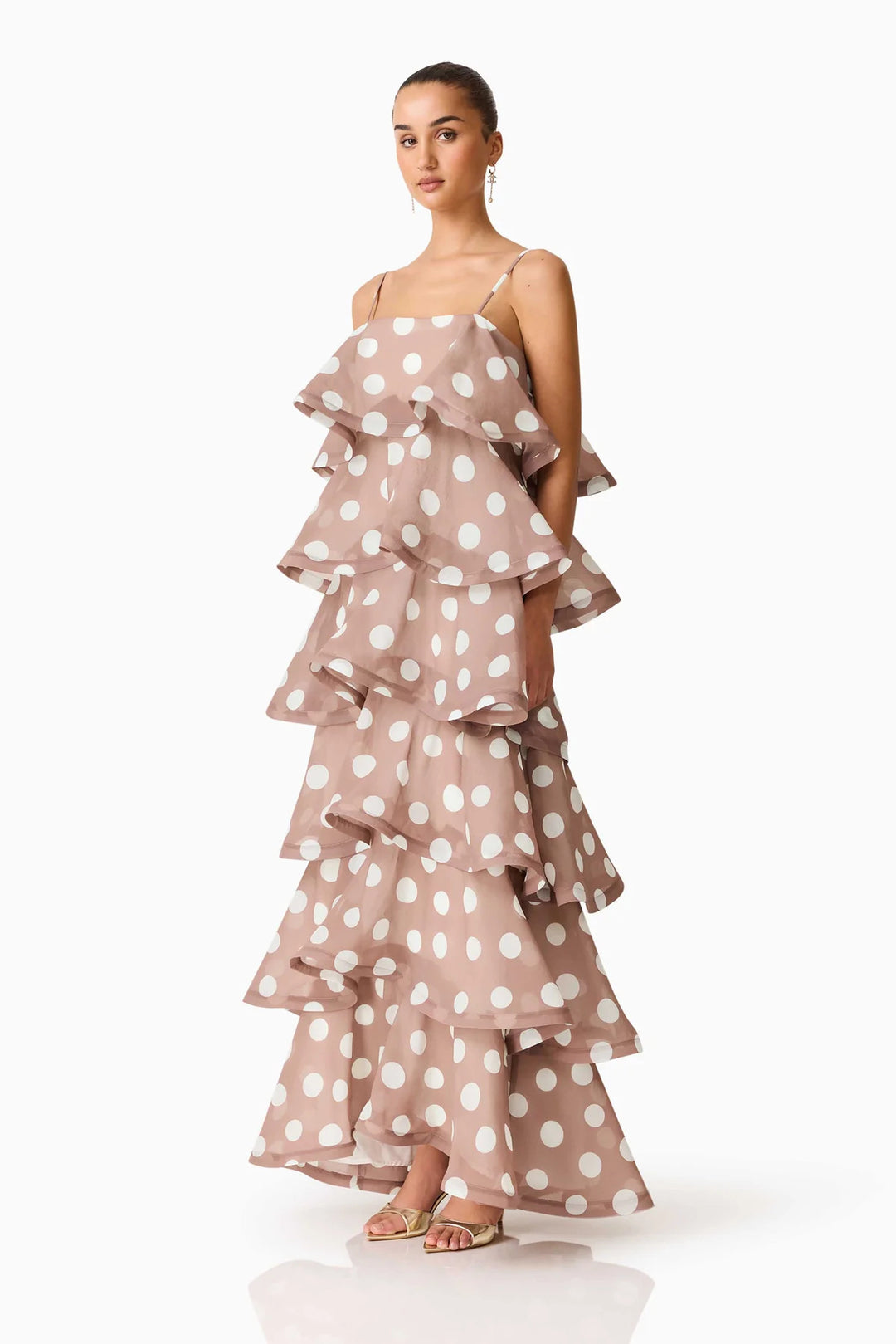 Ladies maxi dress with playful ruffles and dots Lune London