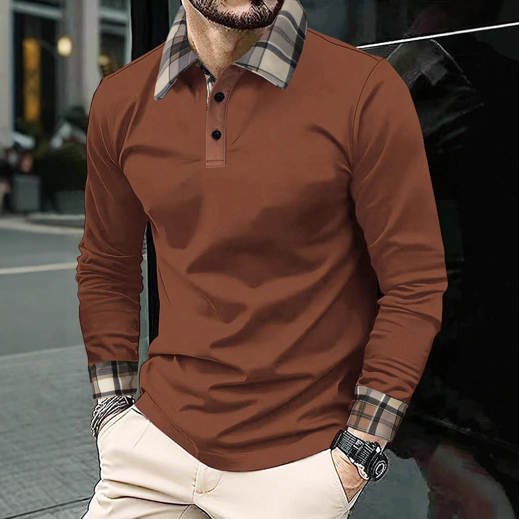 Men's Long Sleeve Polo Shirt with Fashionable Check Collar Lisslune