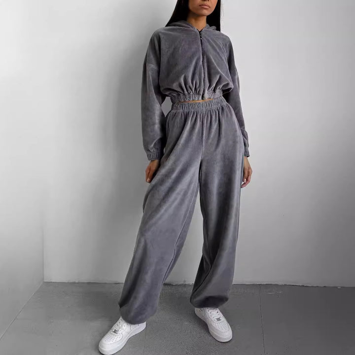Women's Sporty Fleece Set with Zipper and Elastic Waistband Lisslune
