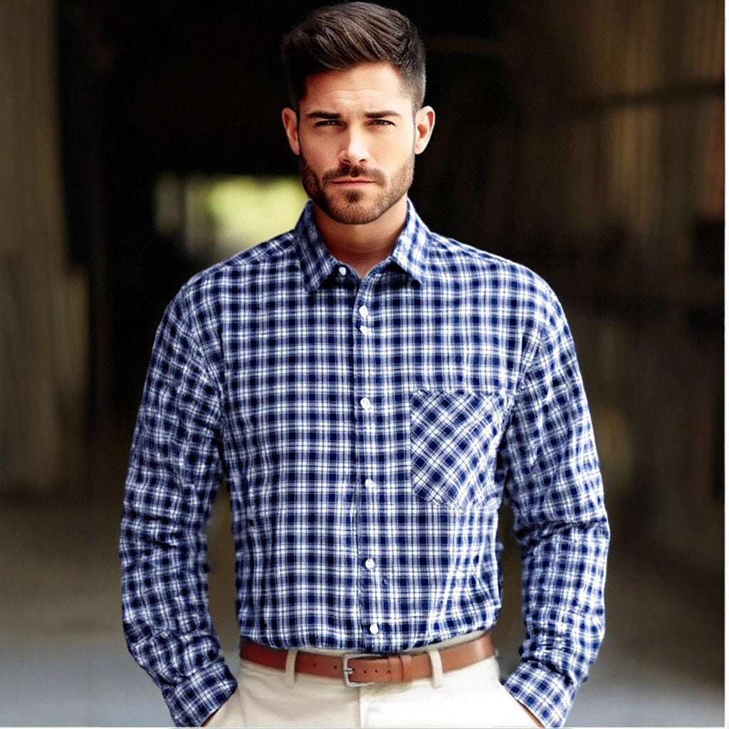 Men's fashionable long-sleeve shirt with checked pattern and chest pocket Lisslune