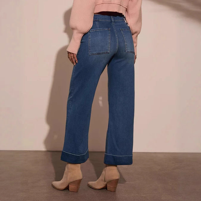 Damen weit geschnittene Denim-Hose mit hohem Bund Lisslune