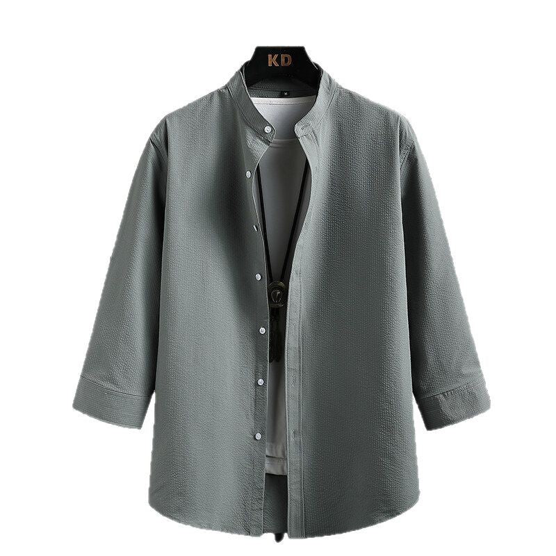 Men's Nice Long Sleeve Shirt with Modern Stand-Up Collar and Textured Fabric Lisslune