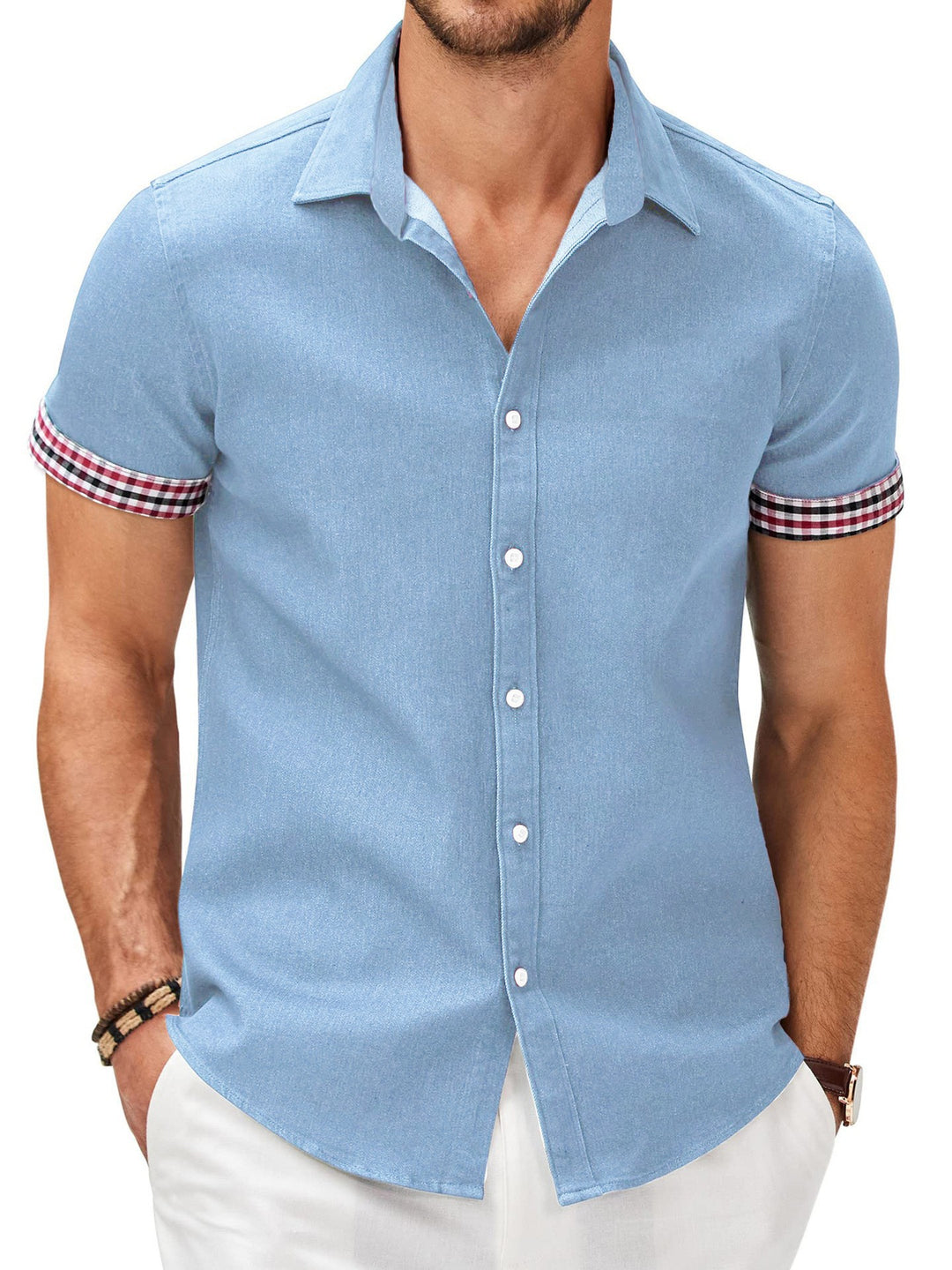 Men's short-sleeve shirt with a modern denim look and stylish checkered pattern Lisslune