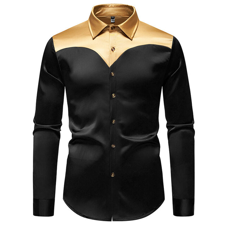 Men's Elegant Shiny Long Sleeve Shirt with Contrasting Collar Lisslune