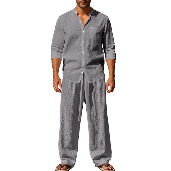 Men's casual linen outfit with button placket and elastic waistband Lisslune